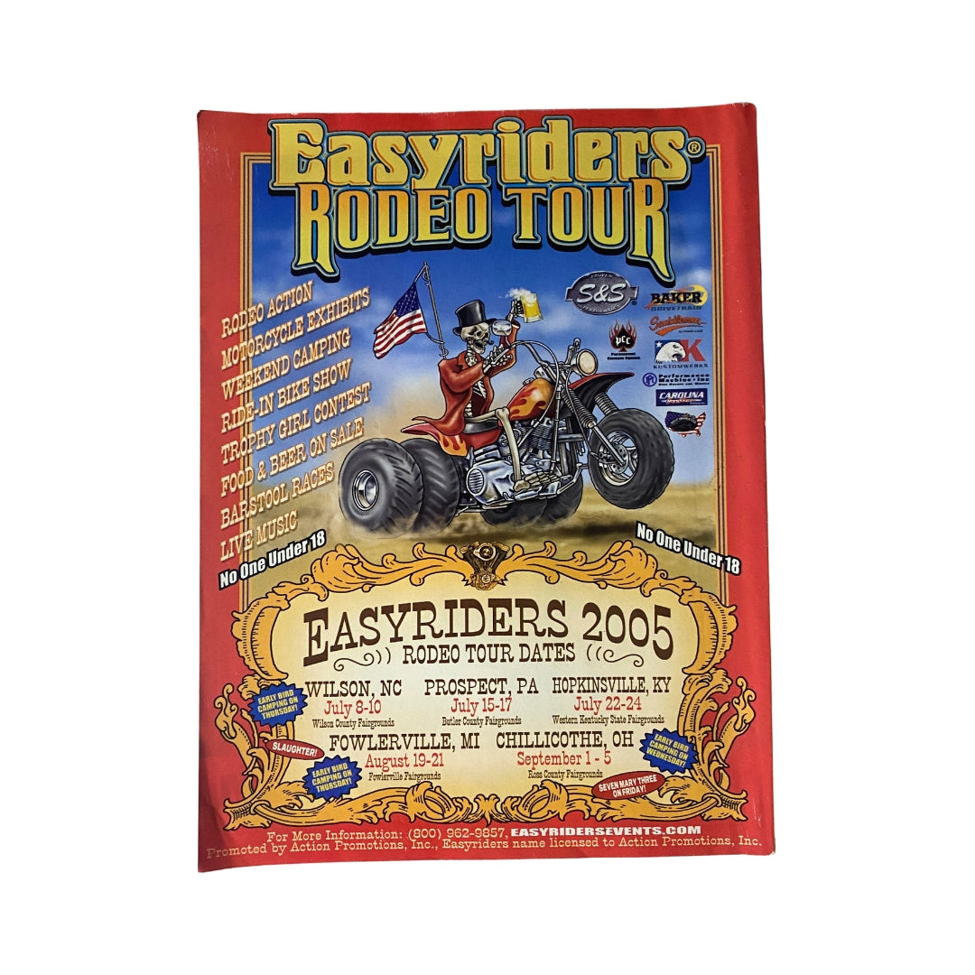 Easyriders Magazine August 2005 #386 back cover promoting Easyriders Rodeo Tour dates and events, enhancing motorcycle culture intrigue.