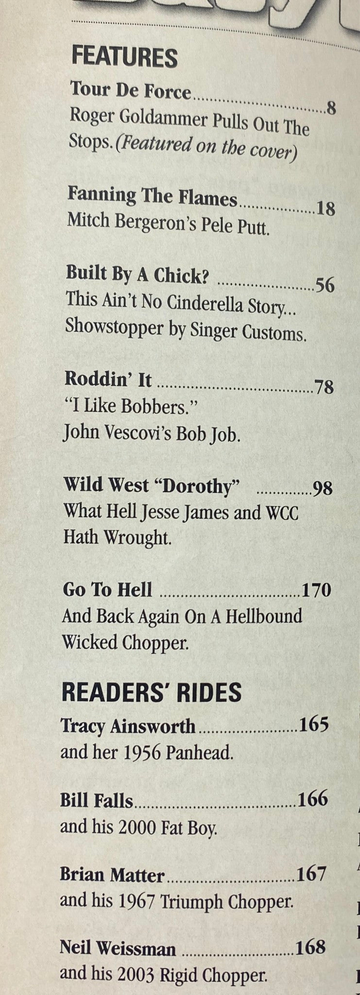 Table of contents for Easyriders Magazine April 2005, Issue #382 showcasing featured articles including 'Tour De Force' and 'Built By A Chick?'.