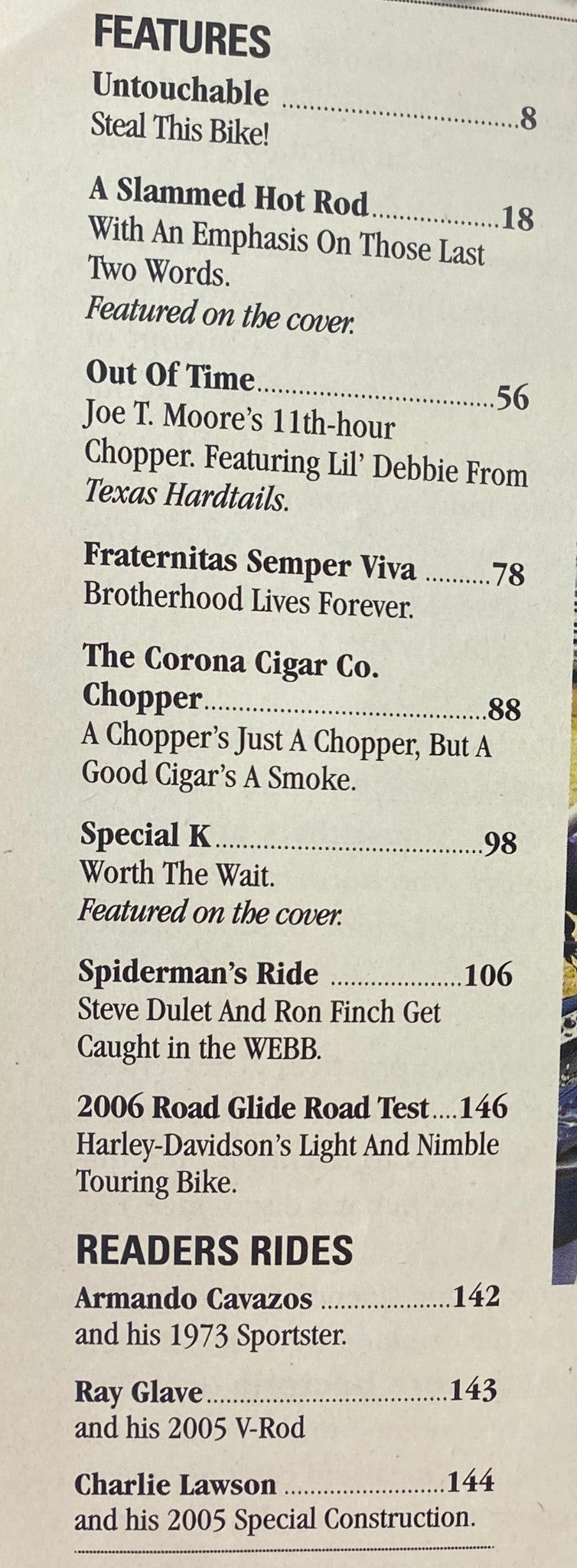 Contents page from Easyriders Magazine August 2006, Issue #398 listing features such as 'Untouchable - Steal This Bike!' and '2006 Road Glide Road Test', showcasing articles focused on motorcycle enthusiasts and customs.