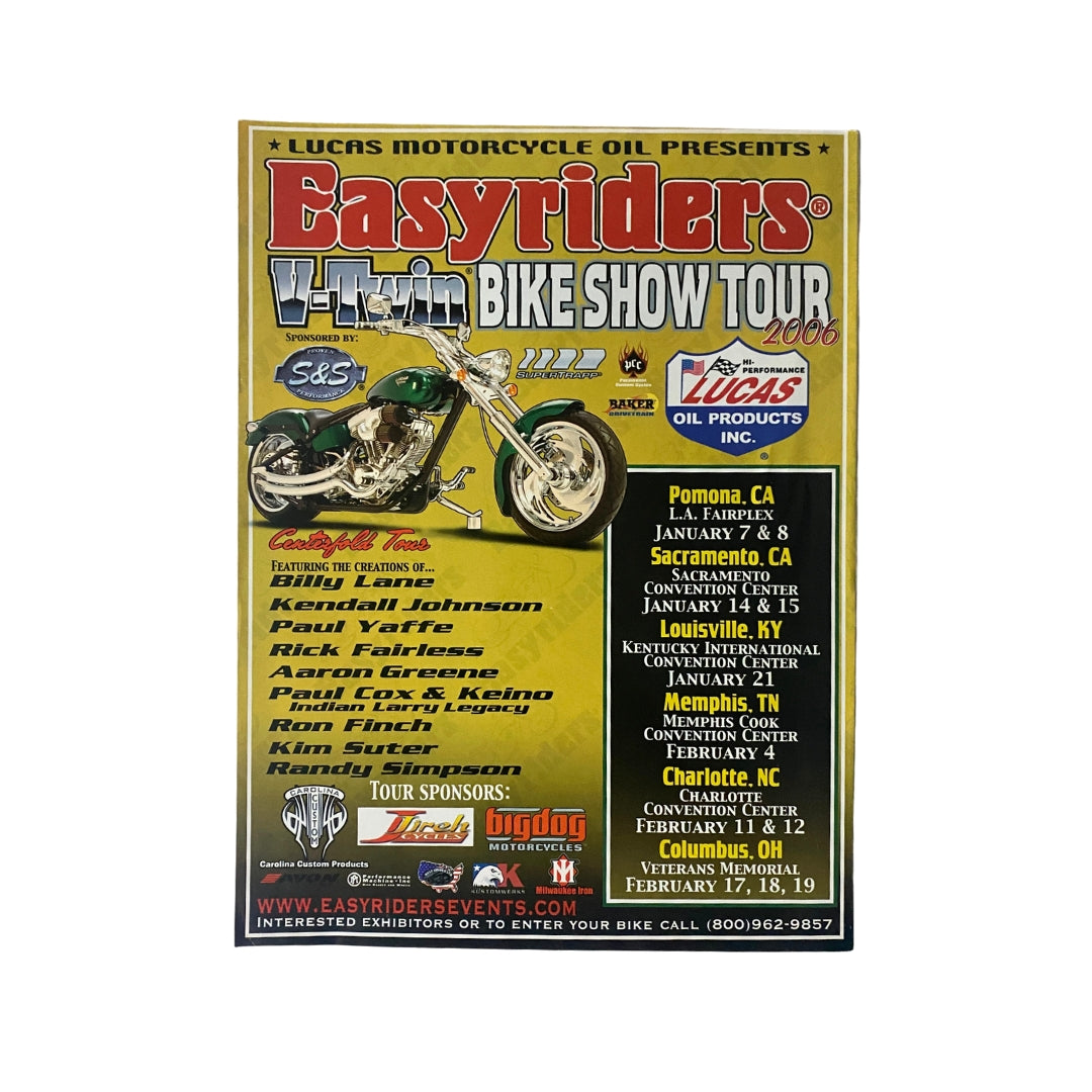 Easyriders magazine promotional poster for the 2006 V-Twin Bike Show Tour, showcasing custom bike creations and events across multiple cities, emphasizing motorcycle culture and craftsmanship as part of Easyriders Magazine January 2006 #391.