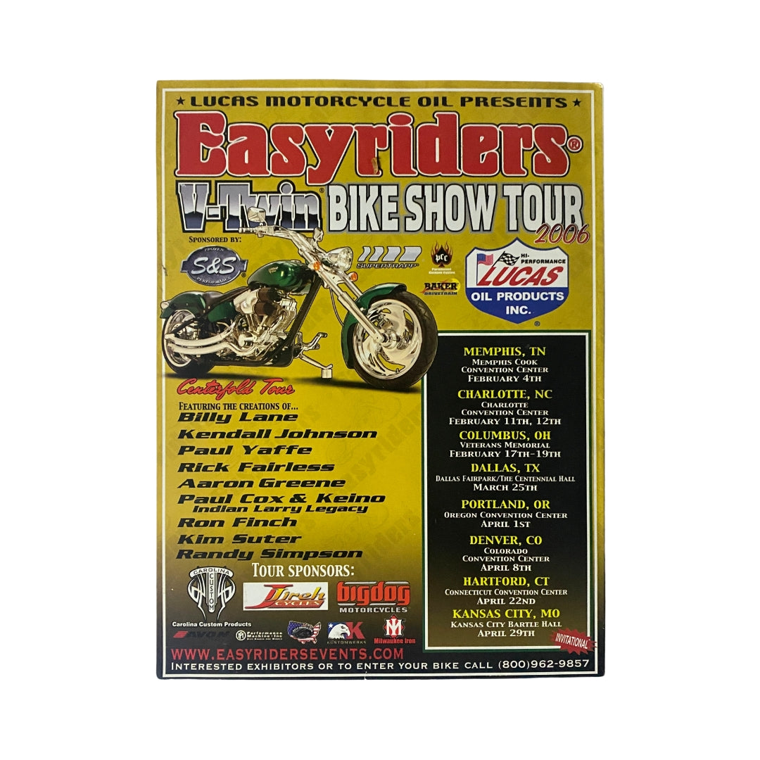 Back cover of Easyriders Magazine May 2006 issue #395 promoting the Easyriders V-Twin Bike Show Tour 2006 with an image of a custom motorcycle and event details.