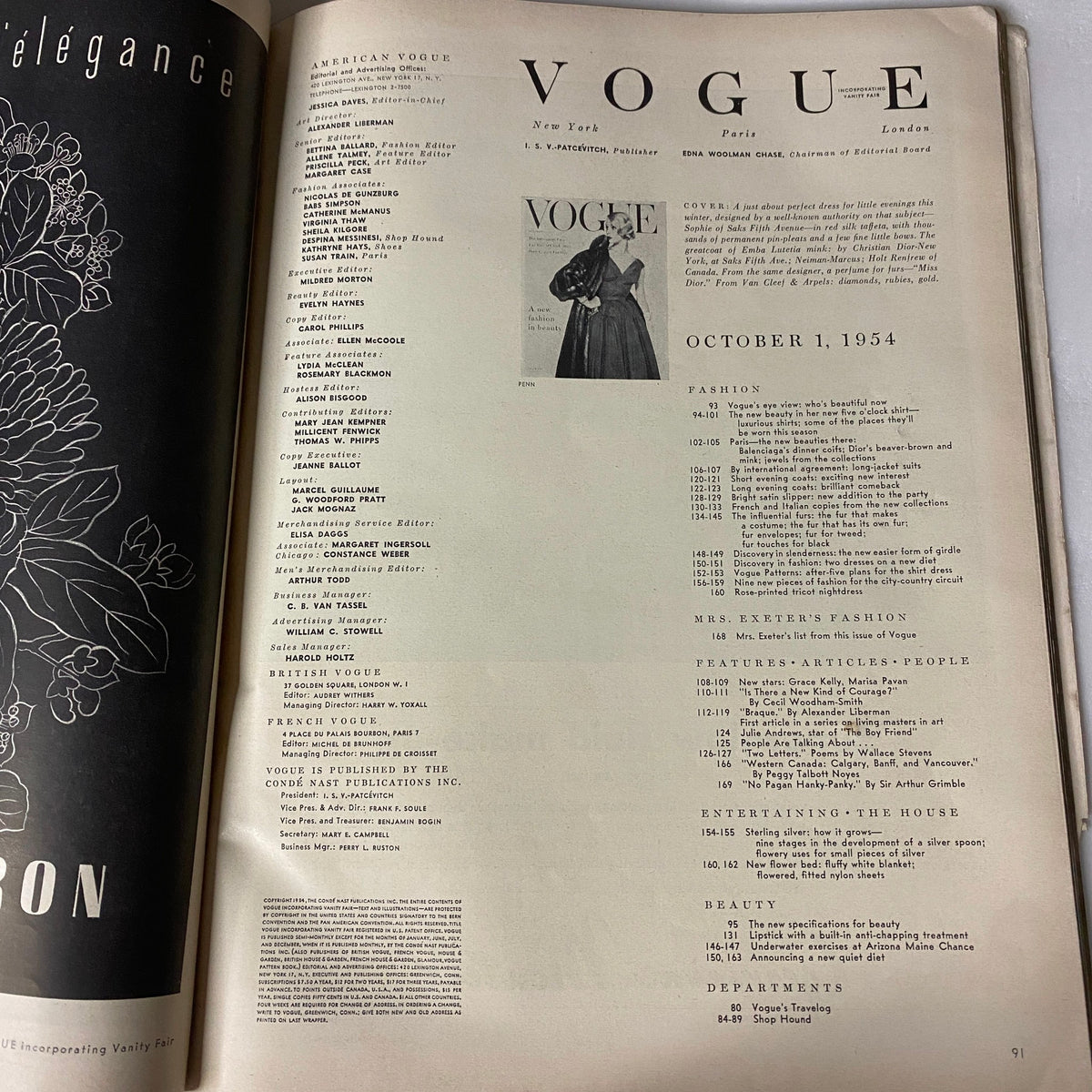 Vogue Magazine October 1, 1954 table of contents page showcasing fashion categories and articles from the issue, emphasizing mid-century style.