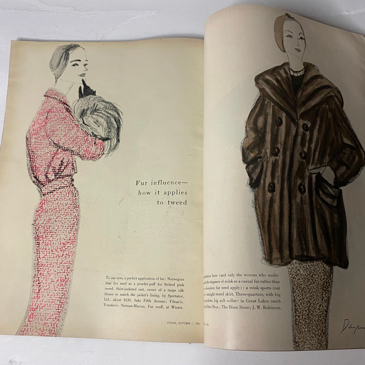 Vogue Magazine October 1, 1954 spread illustrating a fashion illustration about how fur influences tweed styles.