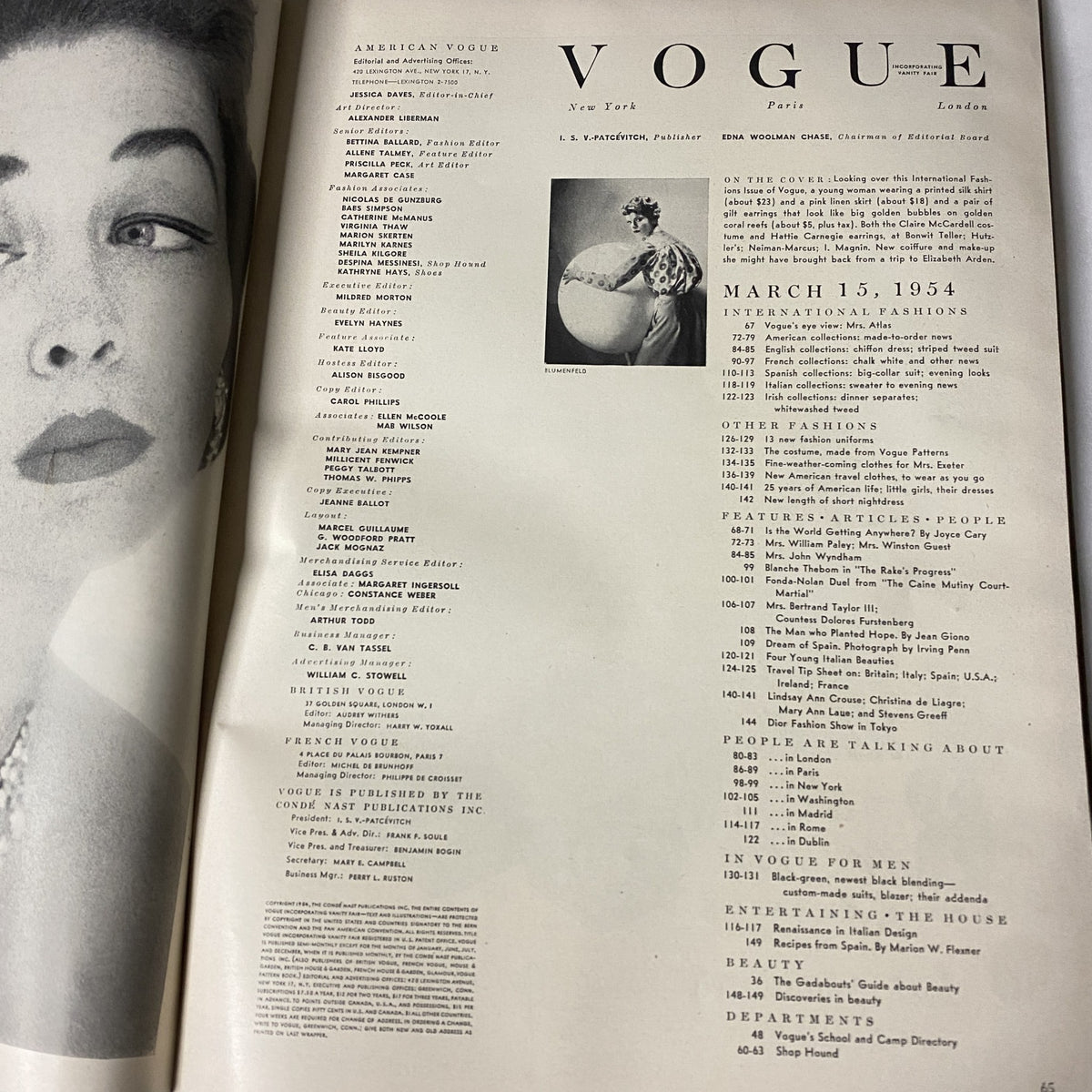 Interior page of Vogue Magazine March 15, 1954 displaying the table of contents, highlighting various fashion features, articles, and contributors, reflecting the magazine's rich legacy in fashion journalism.