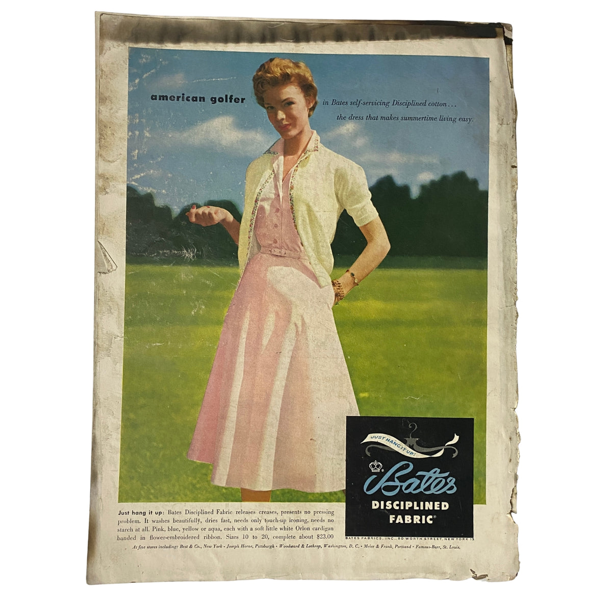 Vintage advertisement featuring a model dressed in a chic outfit, embodying the spirit of 1950s fashion. The ad emphasizes the use of Bates Disciplined Fabric, highlighting a classic American golfer style. Title: Vogue Magazine March 15, 1954 Fern Tailer Cover by Erwin Blumenfeld GD Interior.
