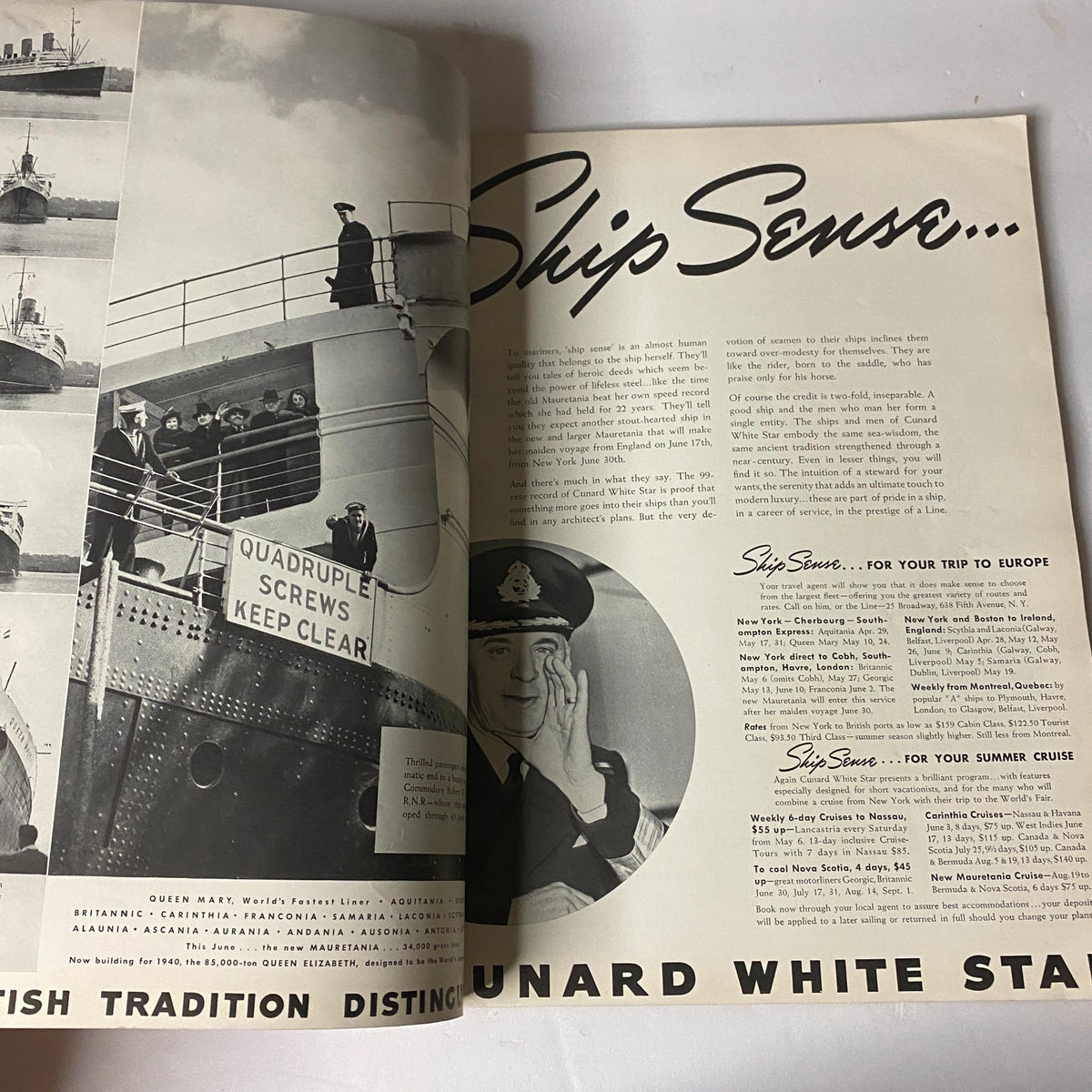 Advertisement page from Vogue Magazine April 15, 1939 for Cunard White Star, showcasing travel promotions and inspiring summer cruise experiences.