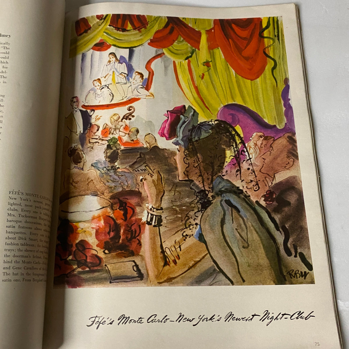 Illustration from Vogue Magazine April 15, 1939, depicting Fefe's Monte Carlo, New York's newest night club, showcasing vintage fashion and nightlife excitement.