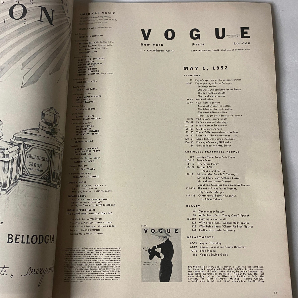 Table of contents from Vogue Magazine May 1, 1952 featuring fashion highlights and articles.