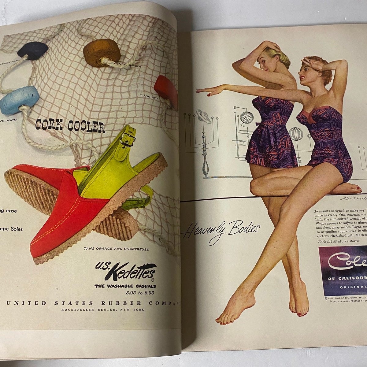 Advertisement showcasing colorful footwear from U.S. Kedettes in Vogue Magazine May 1, 1952.