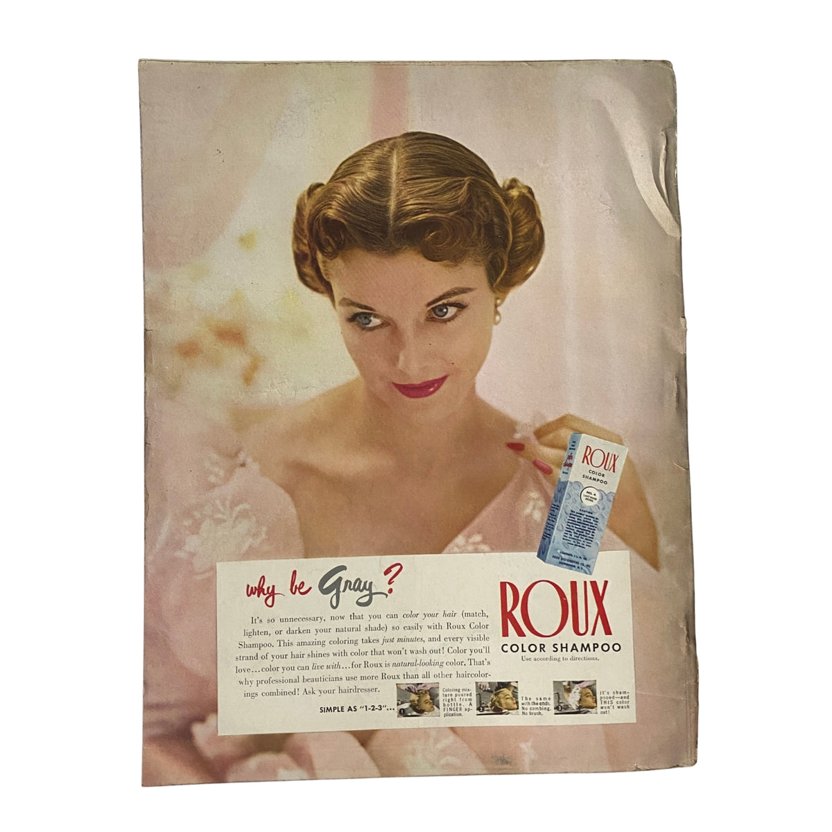 Vintage advertisement for Roux Color Shampoo from Vogue Magazine May 1, 1952 featuring a woman with elegant curls, promoting hair care solutions.