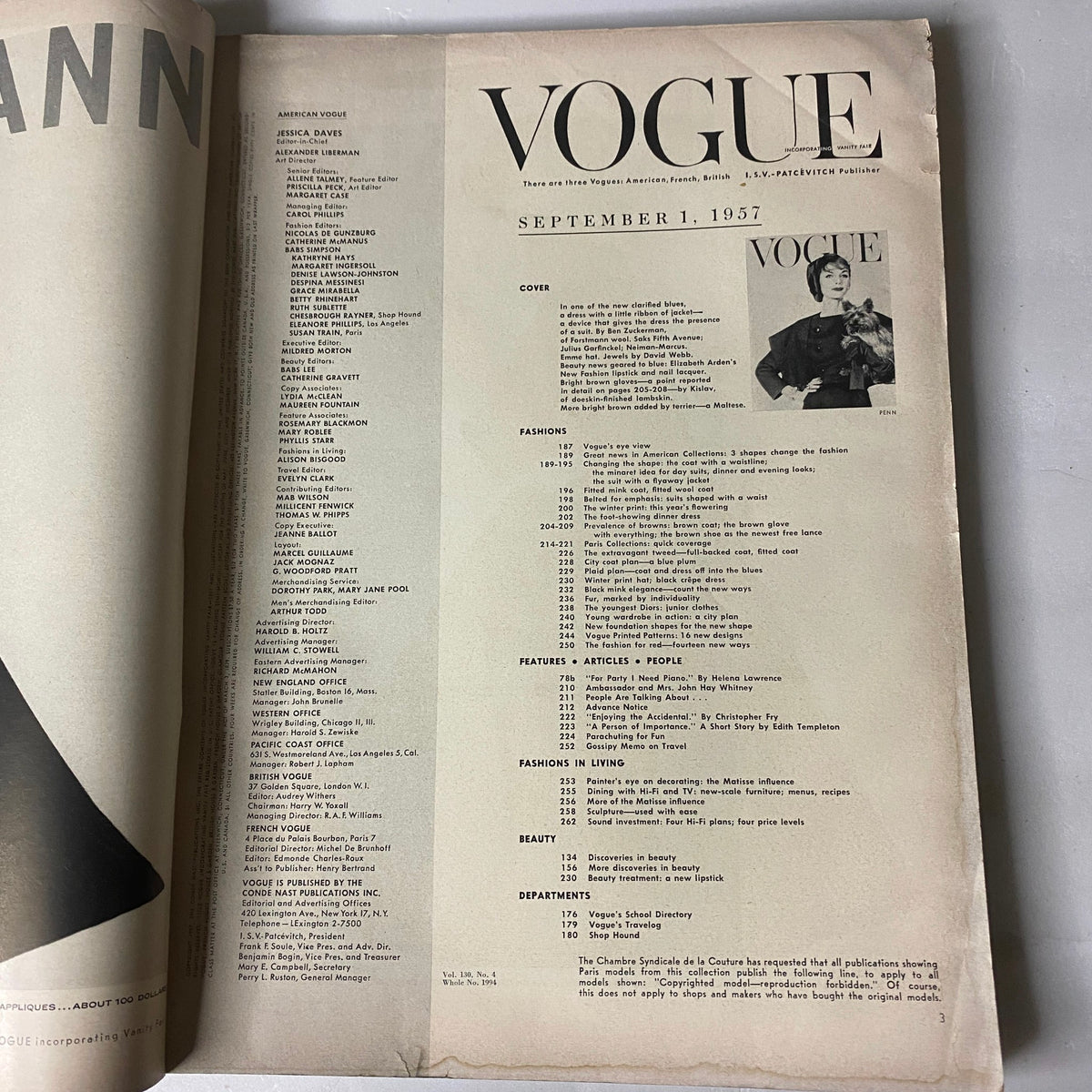 Inside page of Vogue Magazine September 1, 1957 displaying the table of contents with a list of features, articles, and fashion highlights for the issue.