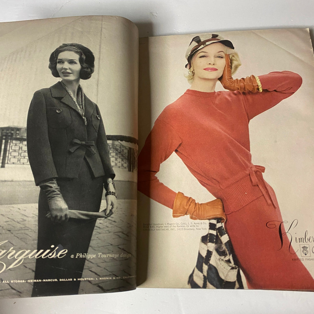 Interior spread from Vogue Magazine September 1, 1957, highlighting a chic model in a red outfit paired with elegant accessories, embodying the sophistication of late 1950s fashion. Captured by iconic photography.
