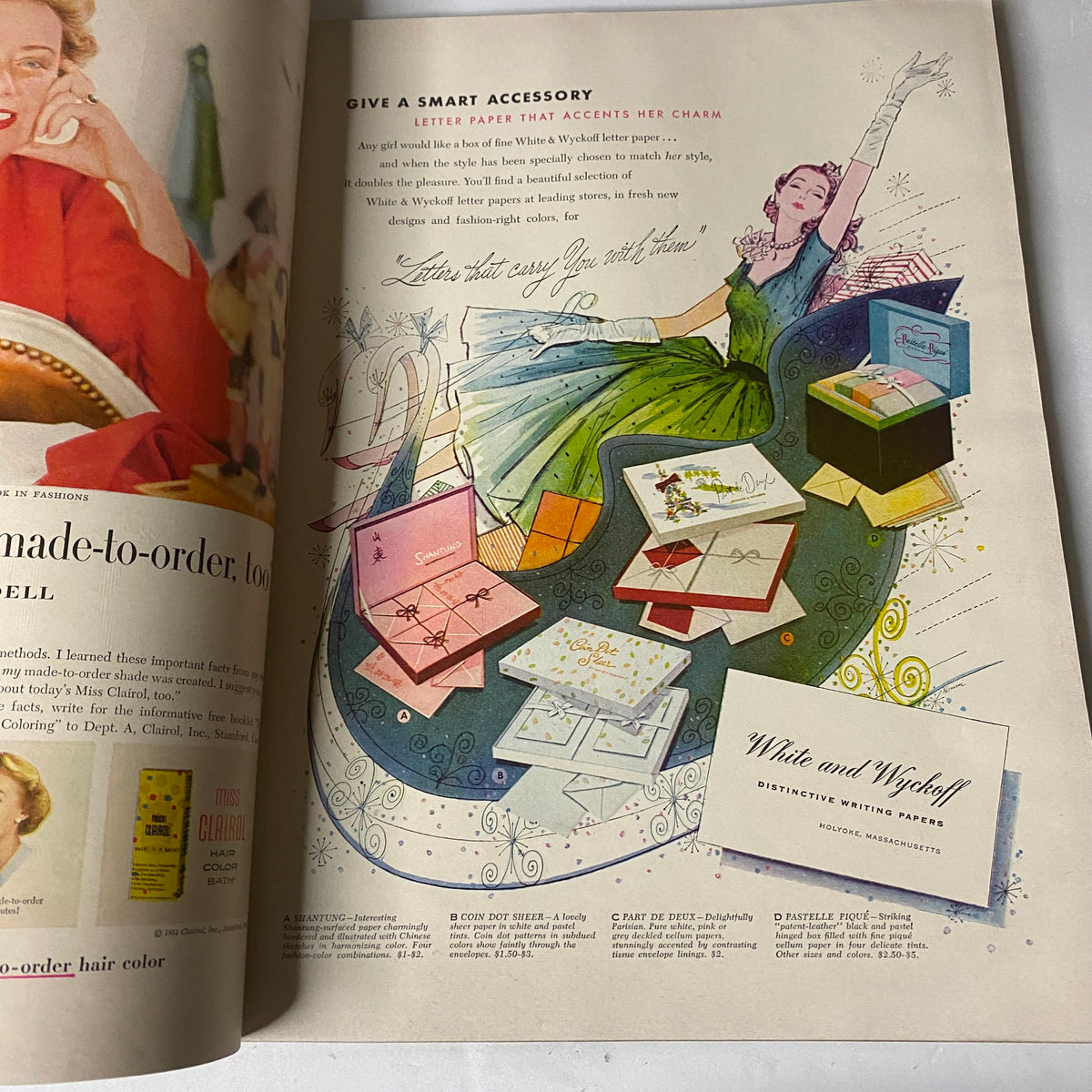 Another illustration from Vogue Magazine, November 15, 1954, showcasing holiday gift ideas and accessories. Features a colorful design promoting stylish boxes and gifts, embodying the festive spirit.