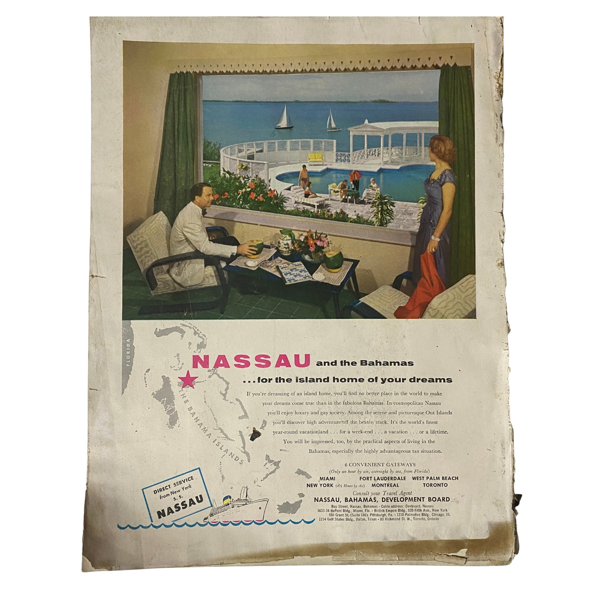 A vintage advertisement from Vogue Magazine November 15, 1954 promoting travel to Nassau and the Bahamas. The image depicts an idyllic scene with people enjoying leisure time by the water, connecting luxury lifestyle with travel.