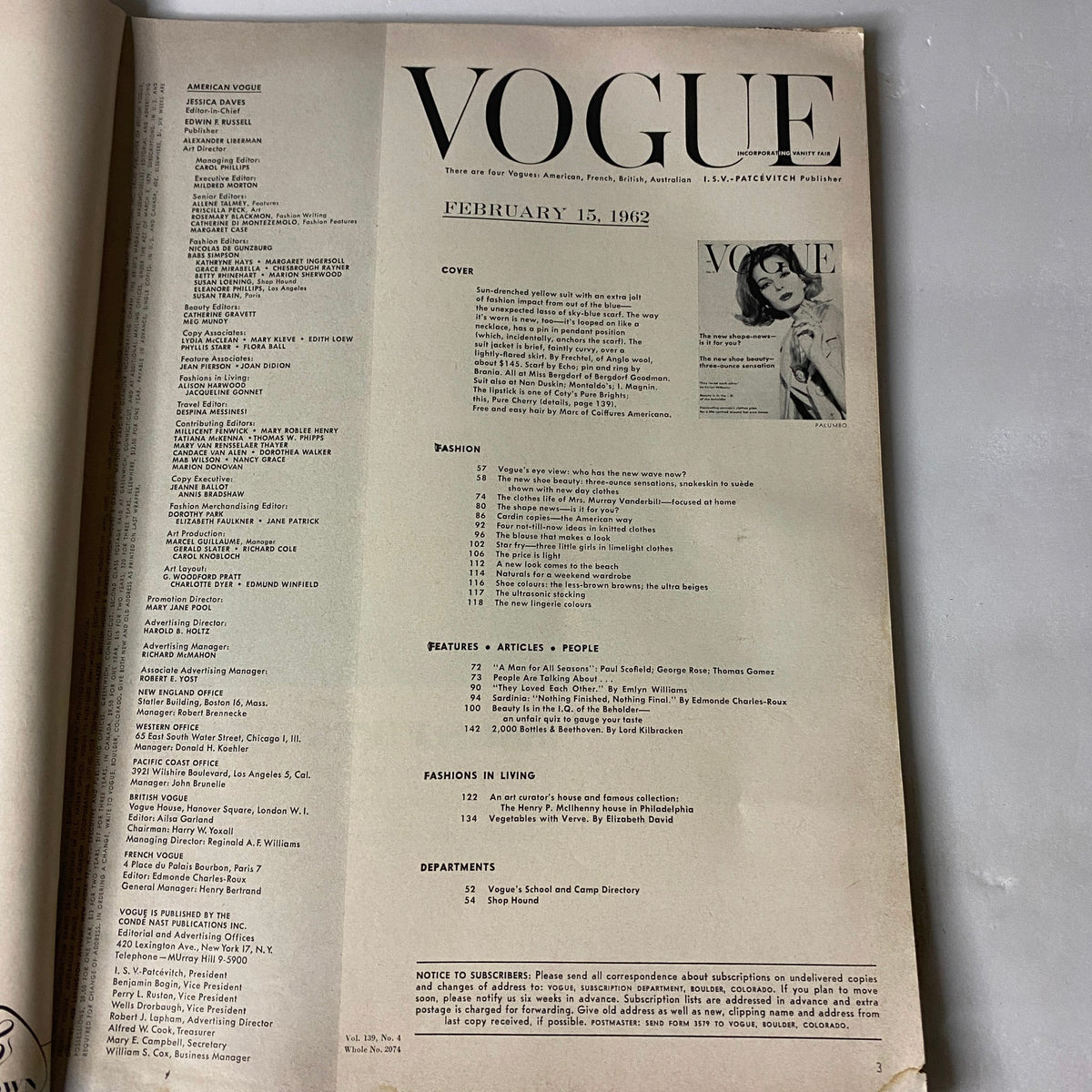 Vogue Magazine February 15, 1962, showing the table of contents page with fashion features and articles, highlighting the elegance and style of the early 1960s.