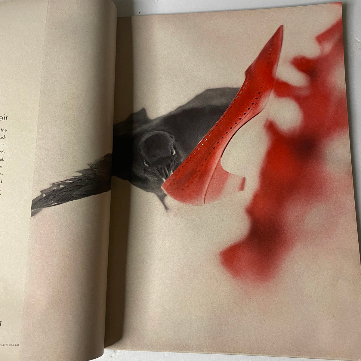 Artistic page from Vogue Magazine February 15, 1962, featuring a vivid red shoe against a creatively composed background, illustrating mid-century fashion aesthetics.