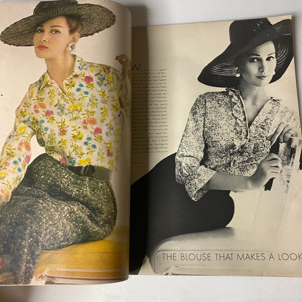 Fashion editorial in Vogue Magazine February 15, 1962, showcasing a model wearing a floral blouse and wide-brimmed hat, emphasizing contemporary style trends of the early 1960s.