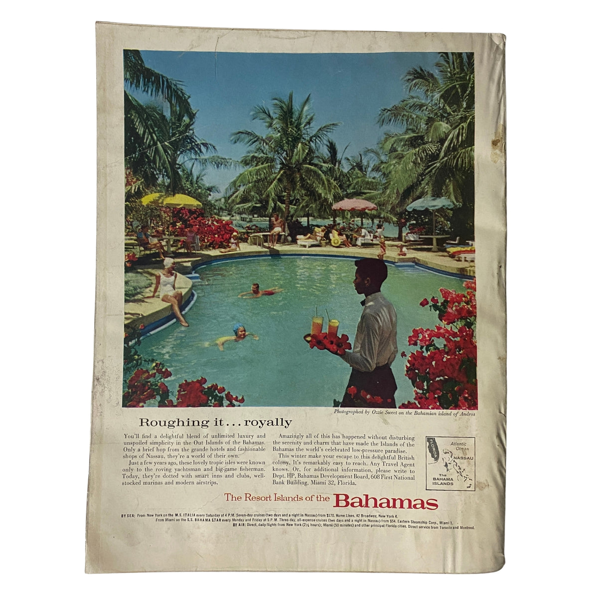 Advertorial page from Vogue Magazine February 15, 1962 showcasing a tropical scene in the Bahamas. Features models by the pool, embodying mid-century leisure and style.