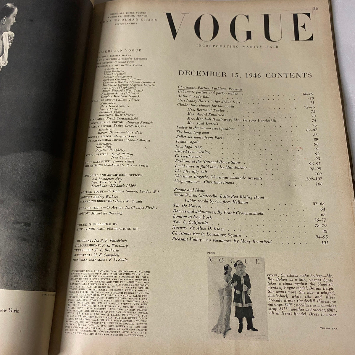 Interior page of the December 15, 1946 Vogue Magazine, featuring the table of contents which lists seasonal fashion, social highlights, and literary features reflective of postwar sophistication.