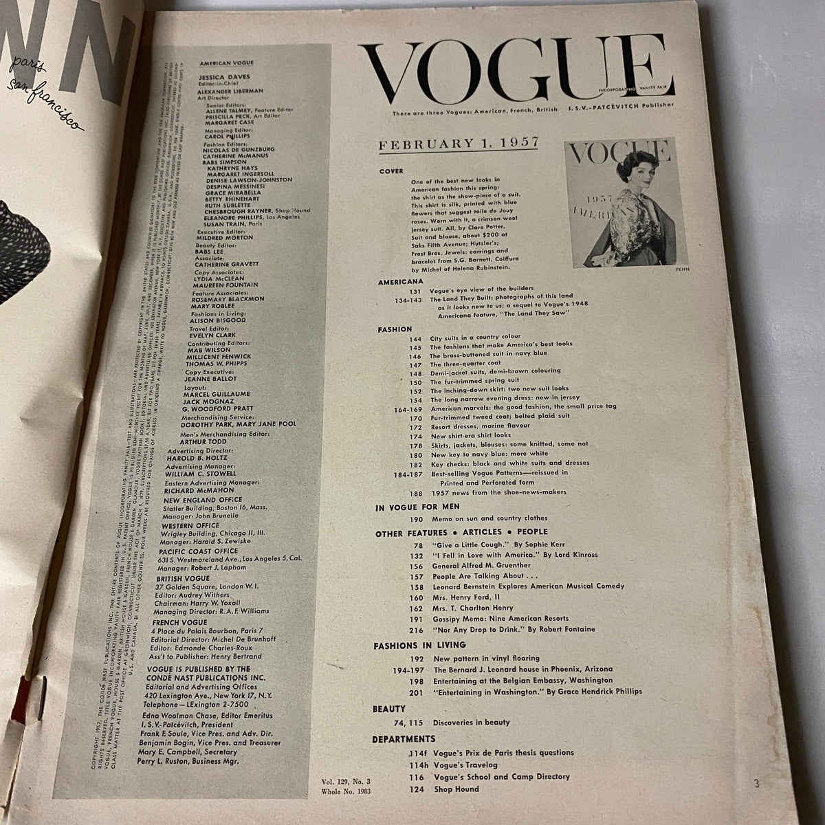 Vogue Magazine February 1, 1957 featuring the Table of Contents, showcasing articles on Americana, fashion, and beauty.