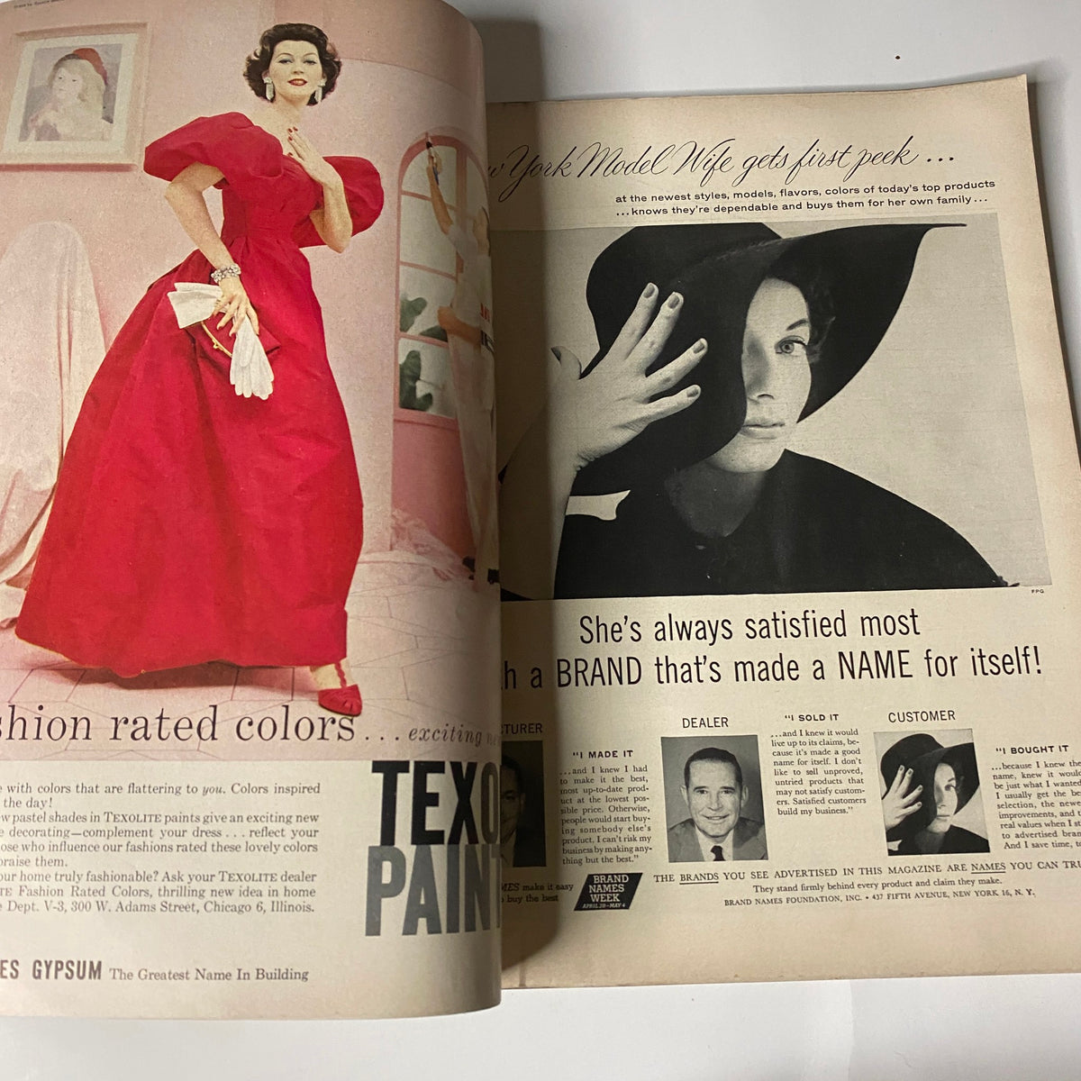 Vogue Magazine May 1957 interior spread featuring a model in a vibrant red dress, emphasizing 1950s fashion trends and design aesthetics, capturing the essence of mid-century elegance.