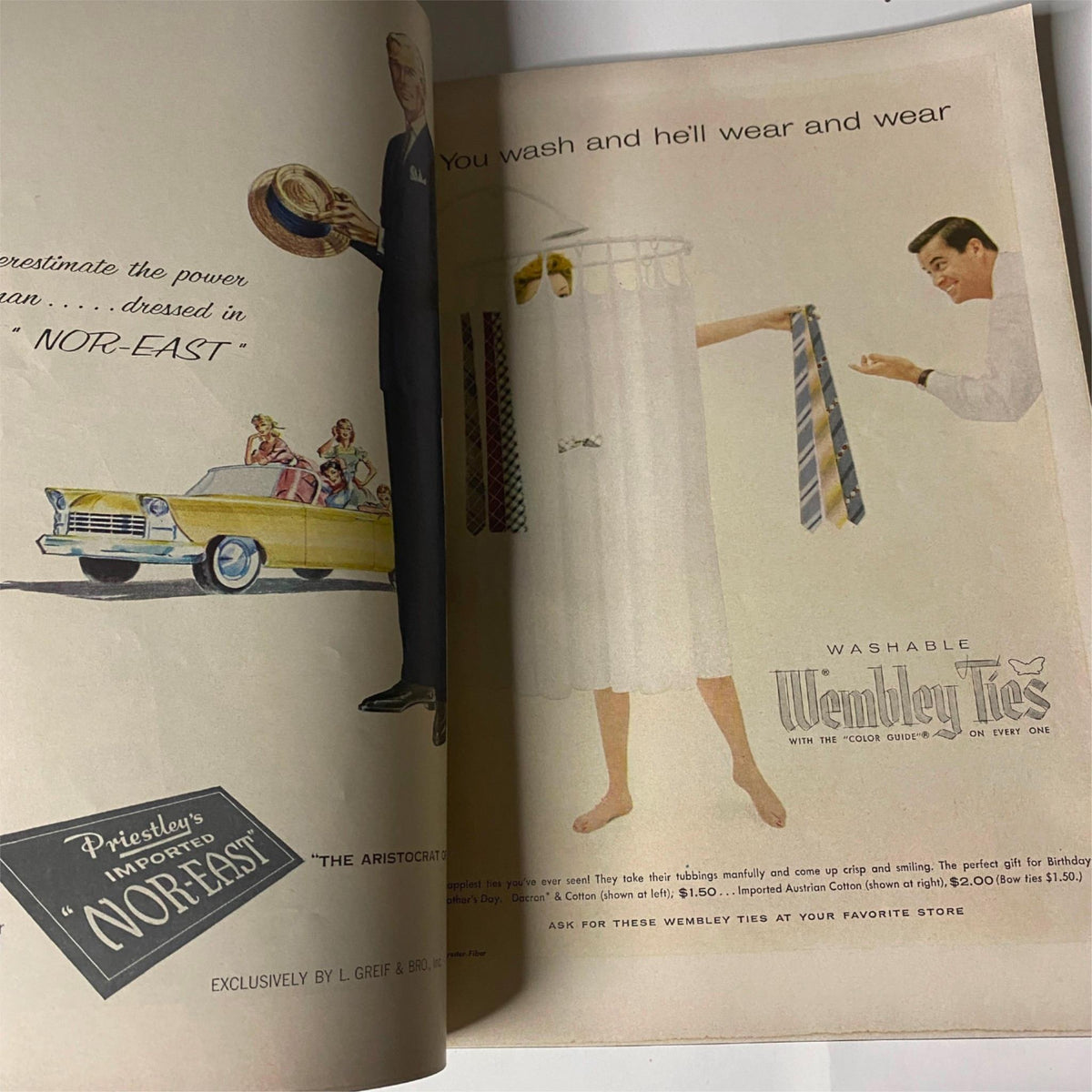 An advertisement in Vogue Magazine May 1957 promoting washable ties, showcasing vintage marketing techniques and styles from the 1950s with an illustrative image of a man wearing ties.