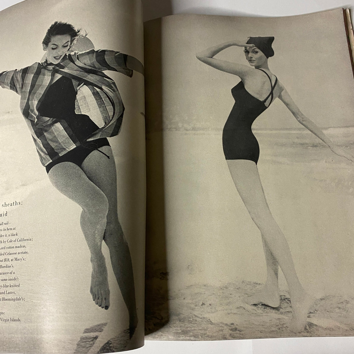 Black and white photograph from Vogue Magazine May 1957, featuring a model in a stylish swimsuit, conveying the spirit of summer fashion and the elegance of 1950s beachwear.