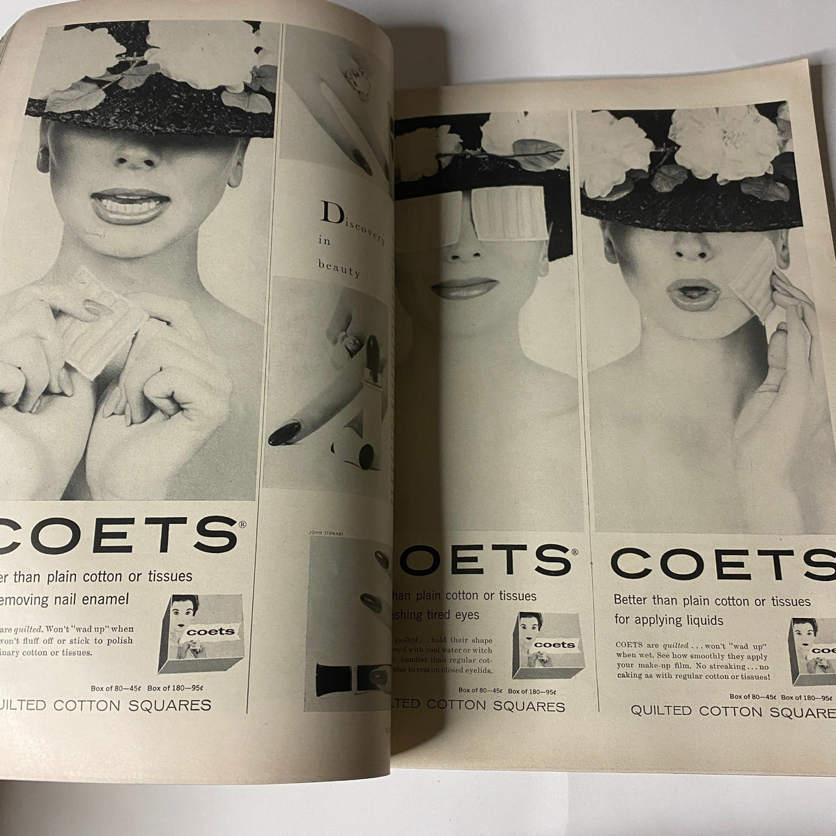Interior page featuring a vintage advertisement for Coets, showcasing a beauty theme with a focus on cotton squares for nail polish removal, from Vogue Magazine May 1957 – Ann Klem Cover by Irving Penn.