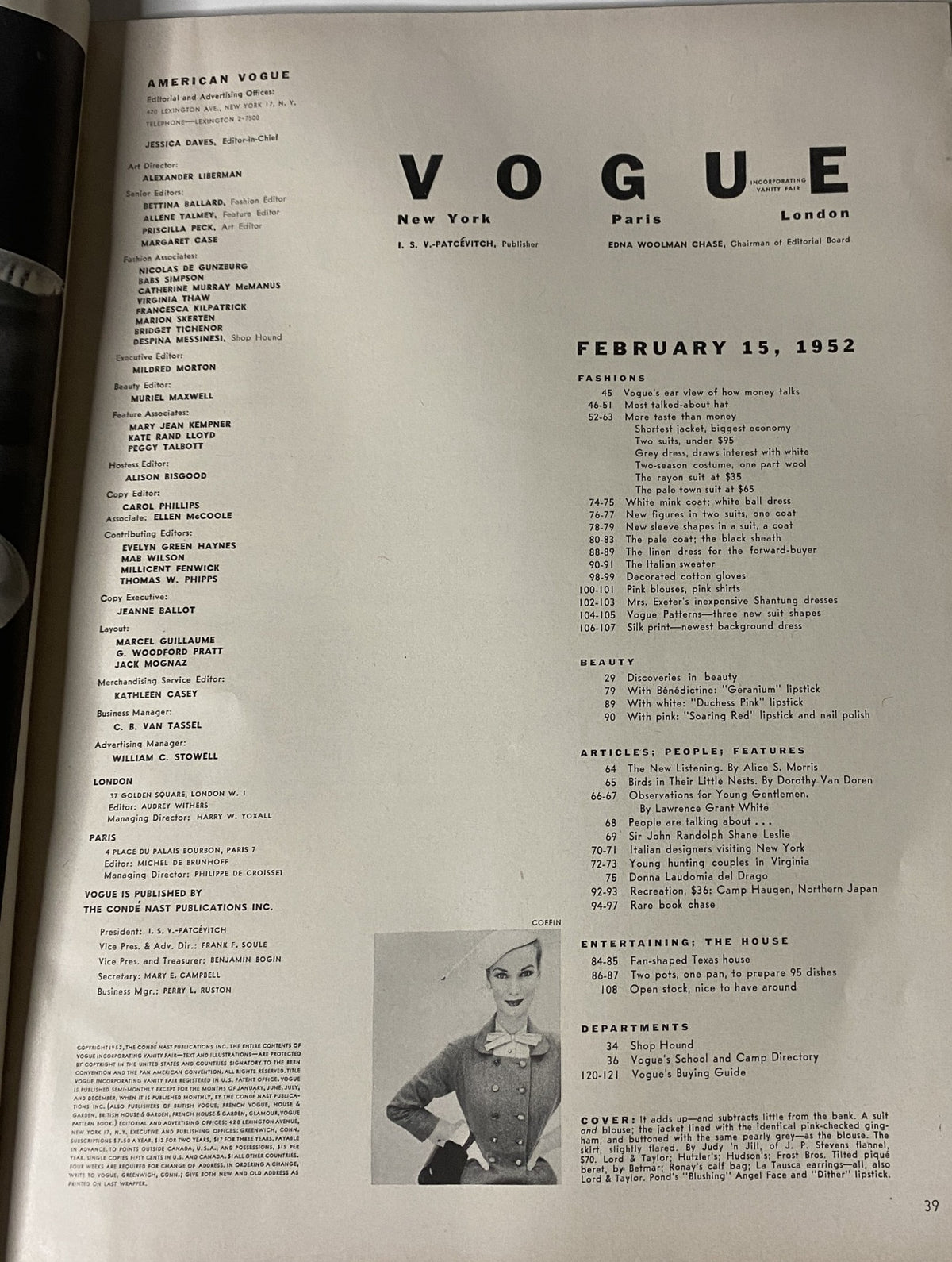 Table of contents page from Vogue Magazine February 15, 1952, listing fashion, articles, and features from the magazine, showcasing its editorial mix and style.