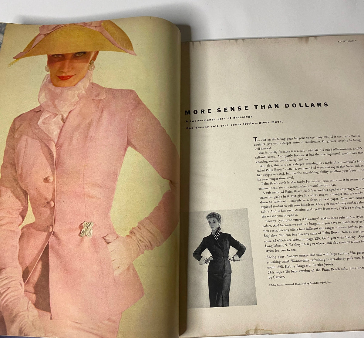 Vogue Magazine February 15, 1952 featuring Janet Randy, showcasing a model in a pink suit and large hat, accompanied by an article titled 'More Sense Than Dollars'.