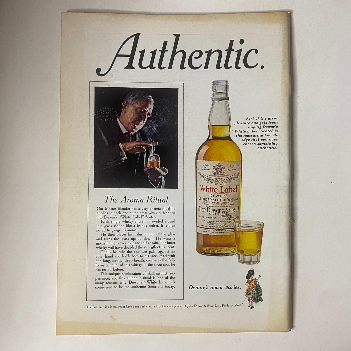 Advertisement page from The New Yorker Full Magazine September 18, 1971 featuring the Dewar's White Label Scotch with a vintage design and a man engaging in the aroma ritual.