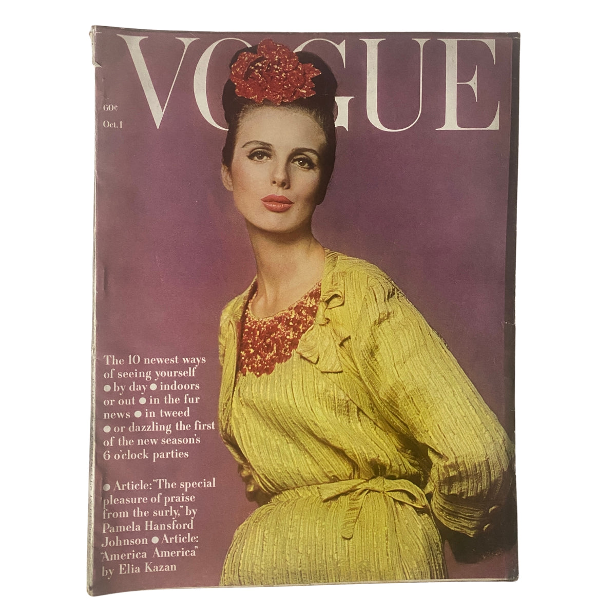 Cover of Vogue Magazine from October 1, 1962 featuring model Tilly Tizzani, photographed by Bert Stern, showcasing early 1960s fashion with a vibrant yellow dress and statement necklace.