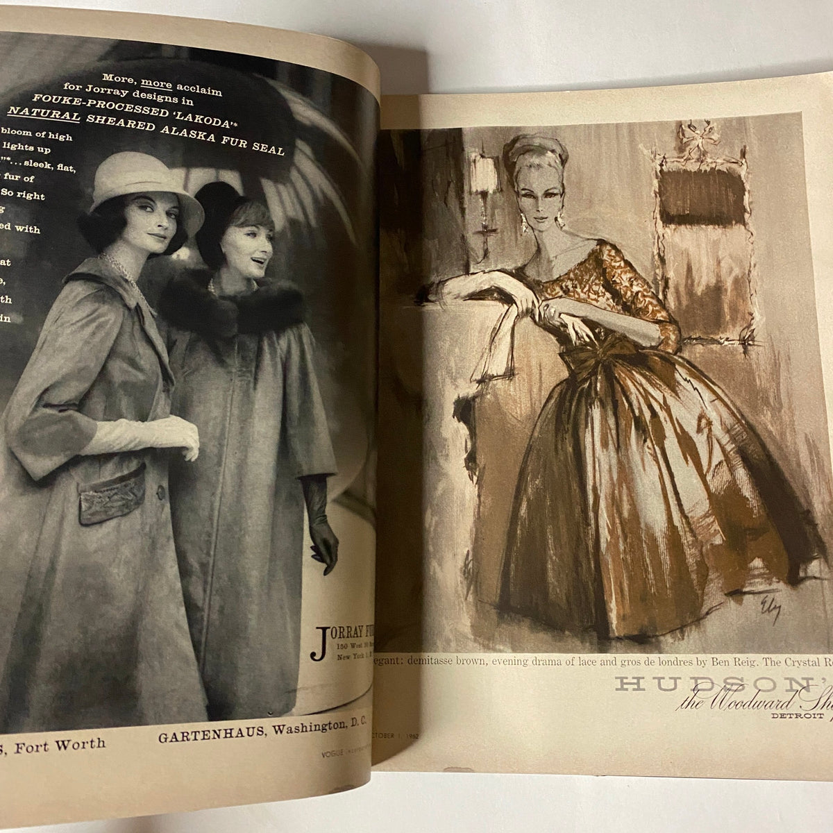 Vogue Magazine October 1, 1962 Tilly Tizzani Cover by Bert Stern featuring elegant models in luxurious coats, embodying early 1960s glamour and fashion. Vintage advertisement for Hudson fur artisans and evening fashion.
