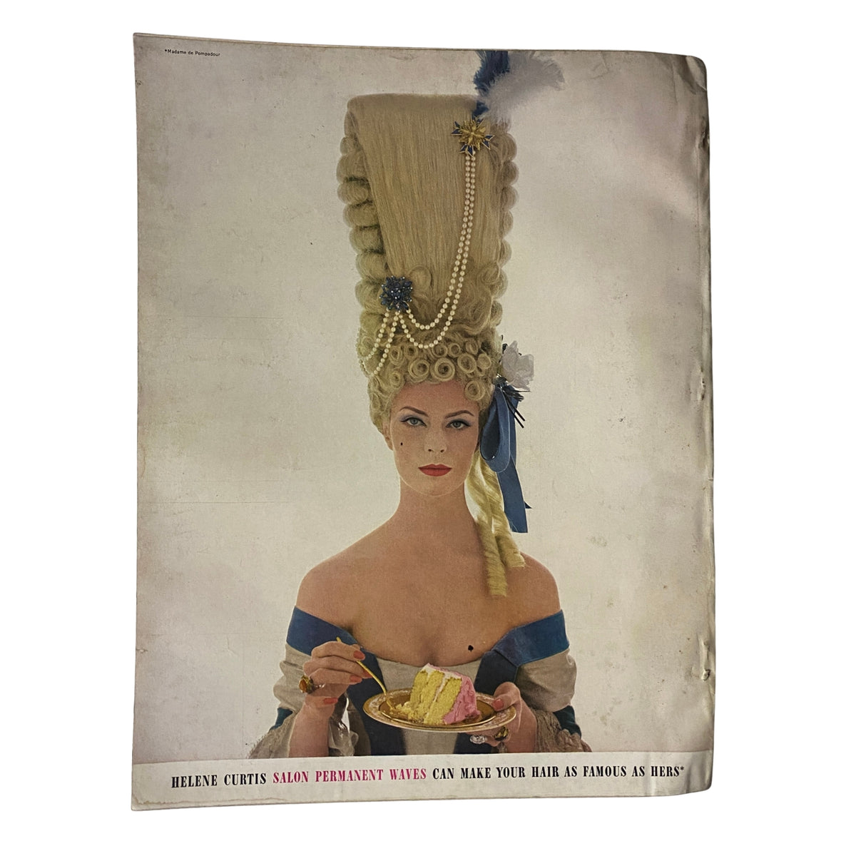 Vogue Magazine October 1, 1962 Tilly Tizzani Cover by Bert Stern featuring a striking illustration of a model with extravagant hair and a unique outfit, promoting Helene Curtis salon products in a vintage advertisement.