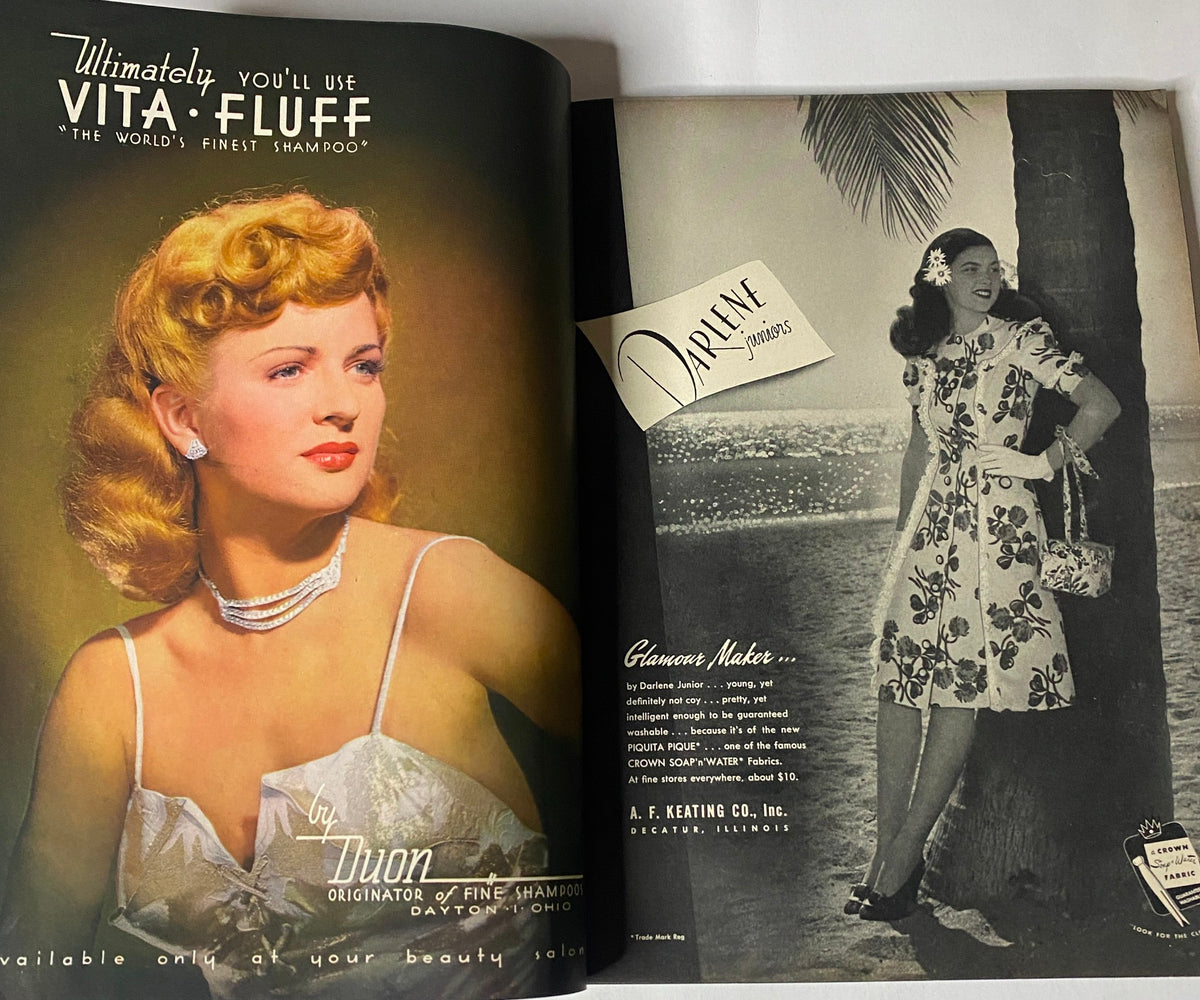 Vogue Magazine June 1944 - All-Summer-Long Fashions by Haanel Cassidy featuring a glamorous woman with wavy blonde hair promoting Vita-Fluff shampoo.