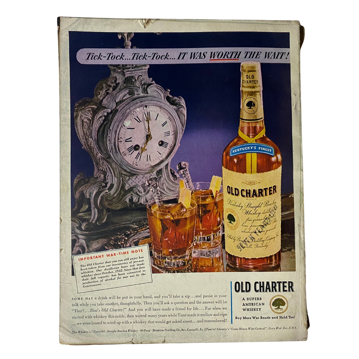 Vintage advertisement for Old Charter whiskey featuring a clock and two glasses of whiskey. From Vogue Magazine June 1944 All-Summer-Long Fashions by Haanel Cassidy, showcasing mid-century design and wartime consumerism.