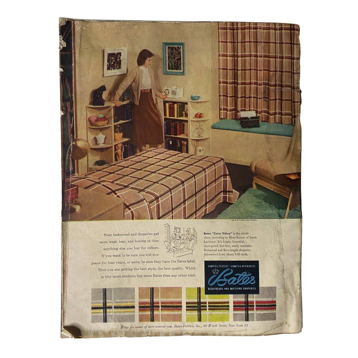 Back cover advertisement for home furnishings in Vogue Magazine August 15, 1952, featuring a cozy living space design with plaid decor.