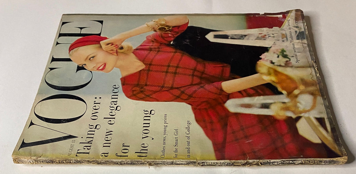 Close-up of the cover of Vogue Magazine August 15, 1957 with Christa Vogel, highlighting youthful elegance and fashion details.