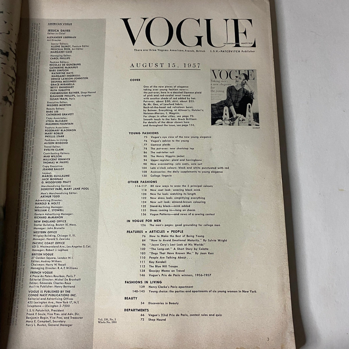 Table of contents from Vogue Magazine August 15, 1957, listing key features, articles, and fashion sections.