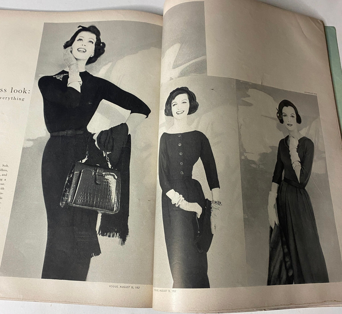Fashion spread from Vogue Magazine August 15, 1957, highlighting various elegant dresses and accessories for women in a classic black-and-white aesthetic.