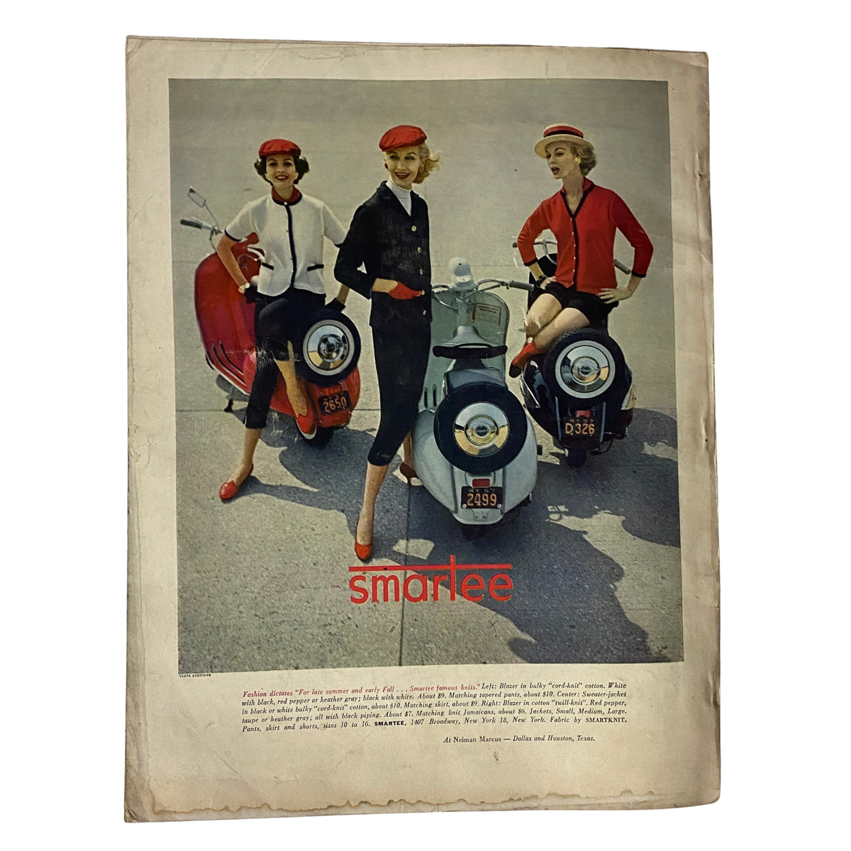 Vogue Magazine August 15, 1957 Christa Vogel Cover by Horst P. Horst featuring three fashionable women in stylish attire posing on scooters, exemplifying 1950s fashion and elegance.