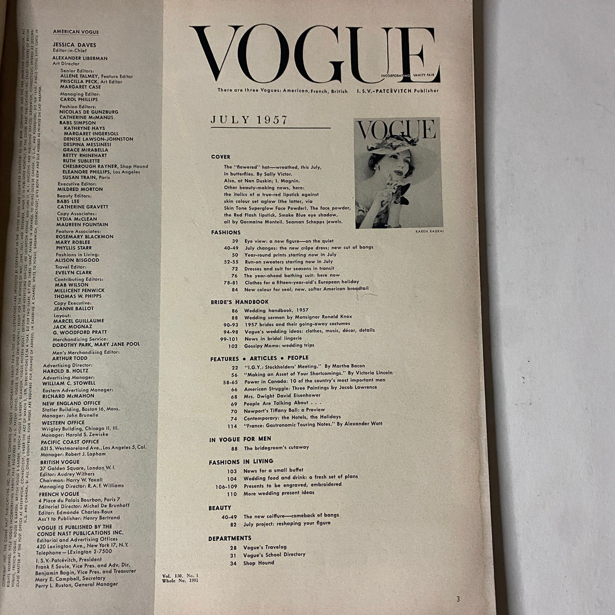 Inside page of Vogue Magazine July 1957 presenting the table of contents. The page outlines features including the Brides' Handbook and articles on fashion and beauty.
