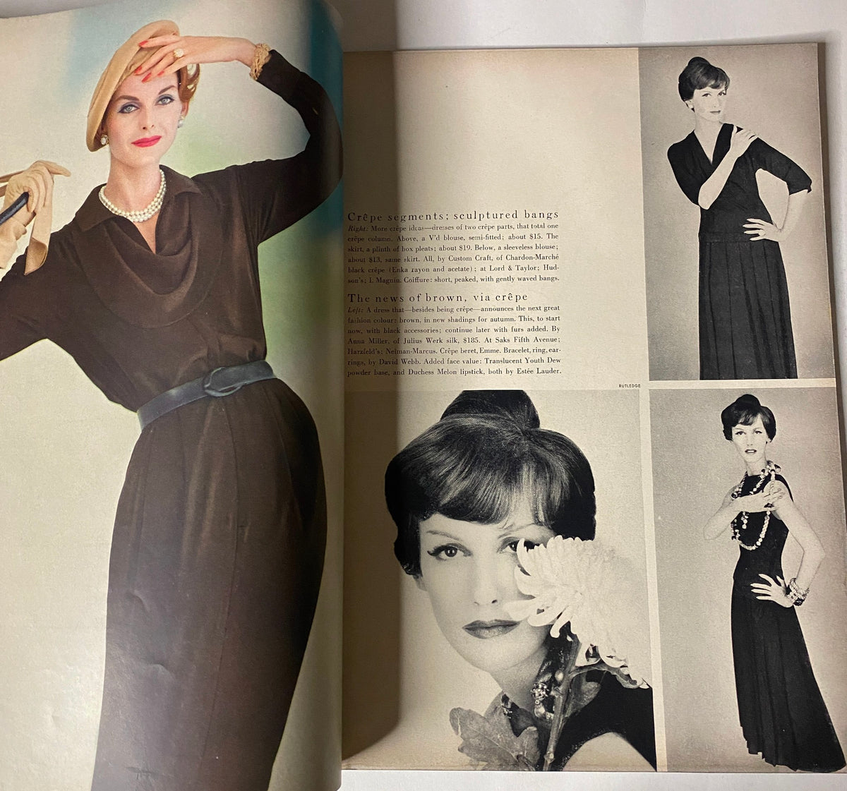 Inside spread of Vogue Magazine July 1957 featuring model poses showcasing crêpe fashion styles. The content focuses on hair and fashion tips from the era, reflecting 1950s couture.