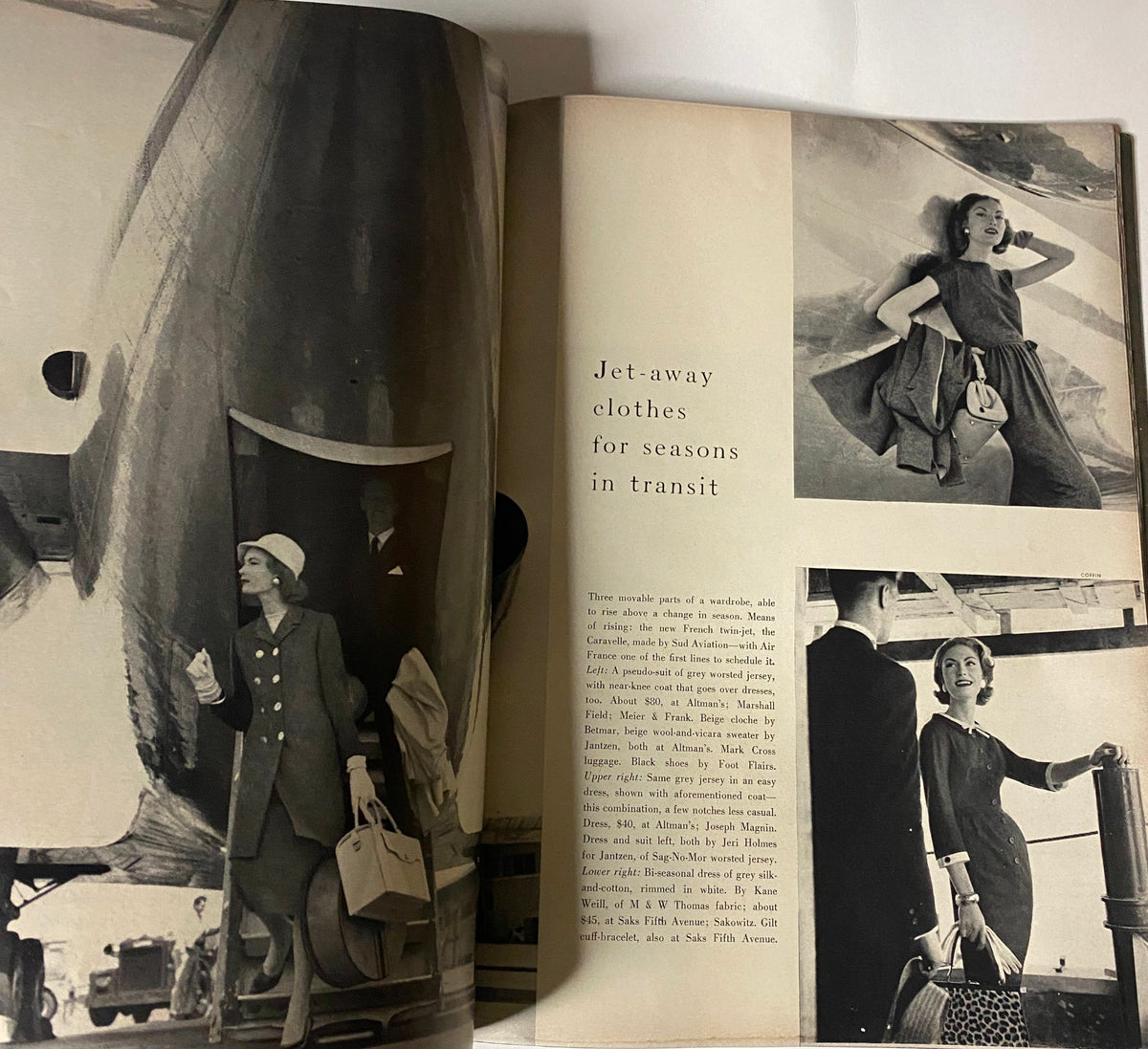 Vogue Magazine July 1957 Joanna McCormick Cover by Karen Radkai showcasing jet-away clothes for travel with a woman exiting an airplane and two additional stylish women featured.