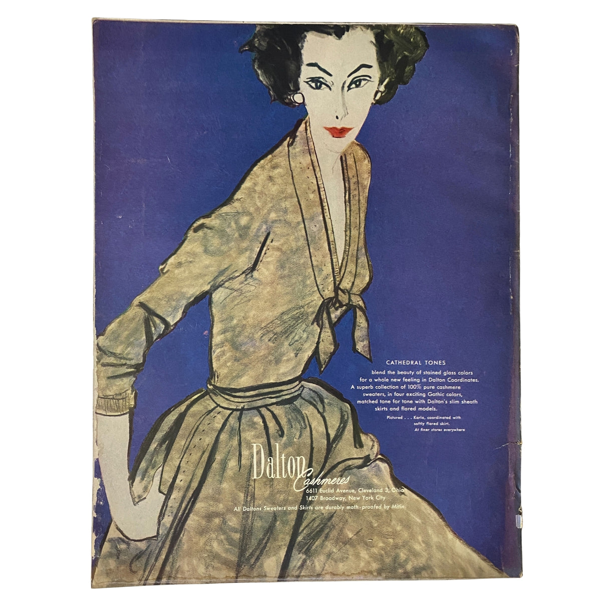 Back cover of Vogue Magazine July 1957, illustrated with a fashion design in bold colors, emphasizing the vintage allure of Joanna McCormick's cover and the style of mid-century fashion.