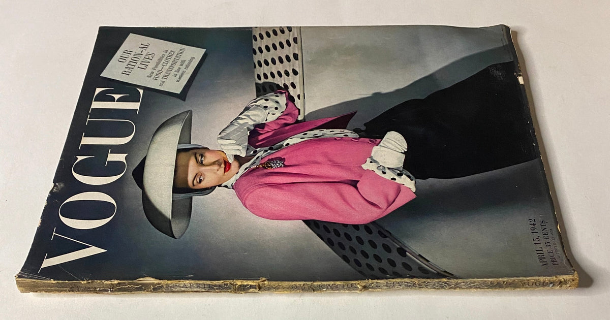 Second view of the Vogue Magazine April 15, 1942 cover depicting 'Our Ration-al Lives' with a pink-clad model, highlighting the magazine's vintage wartime fashion themes.