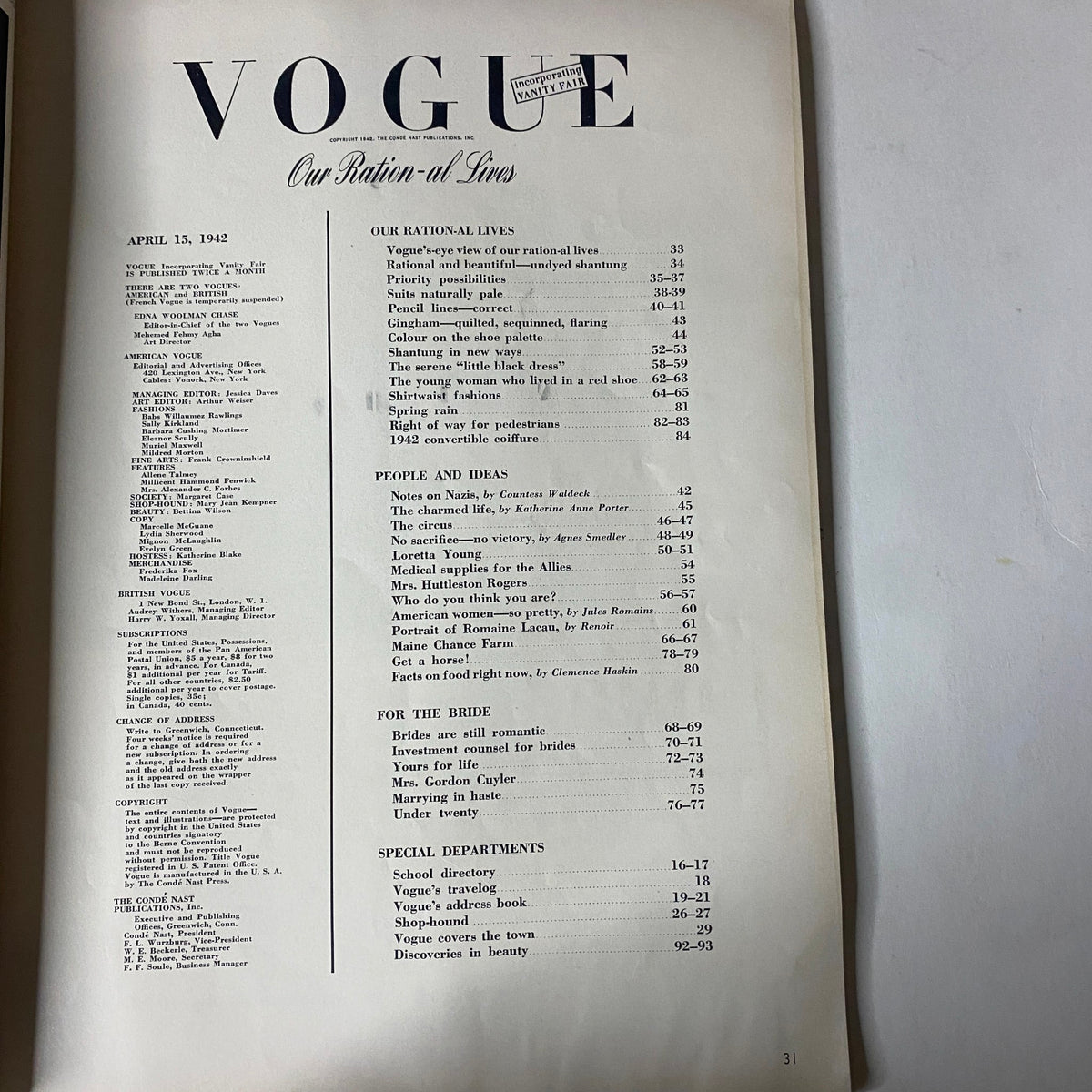 Table of contents from Vogue Magazine April 15, 1942 titled Our Ration-al Lives, featuring a list of articles and sections related to wartime fashion and culture.