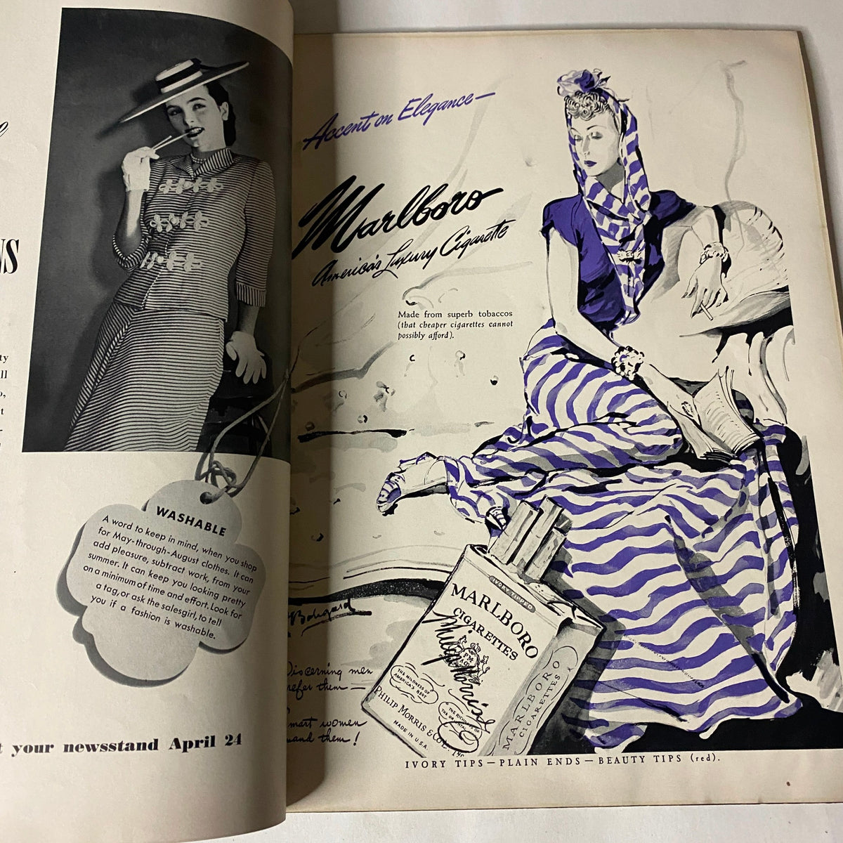 An advertisement for Marlboro featuring a model in a stylish striped outfit, highlighting American fashion from Vogue Magazine April 15, 1942 titled Our Ration-al Lives.