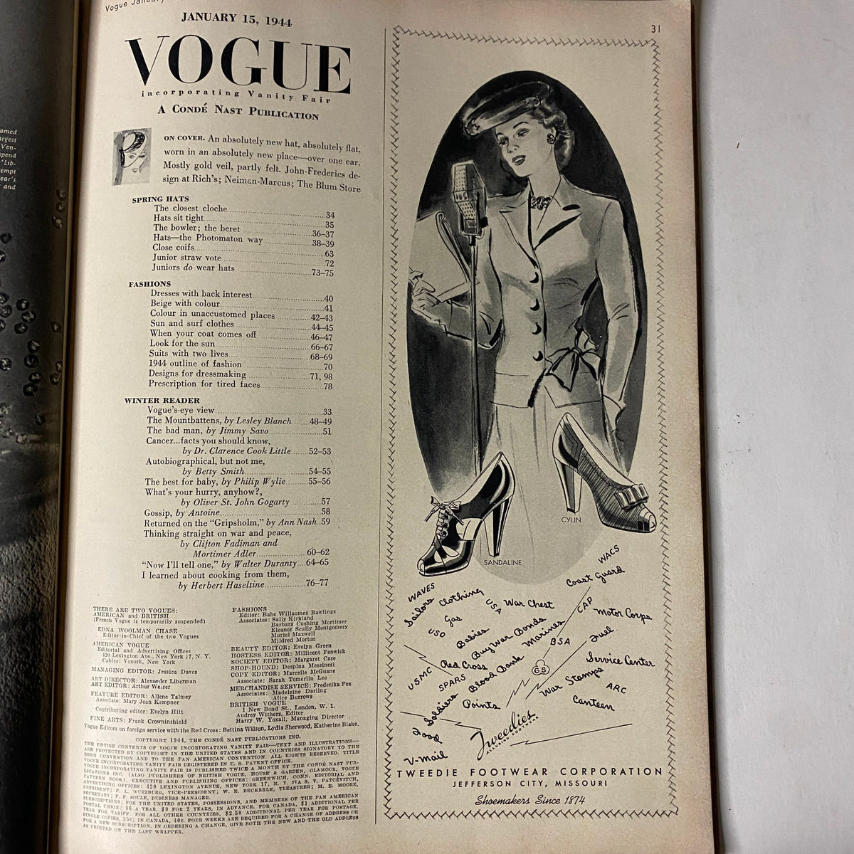 Interior page of Vogue Magazine January 15, 1944 Spring Hats Articles Cover by Carl Erickson, featuring a layout with fashion trends and a detailed table of contents.