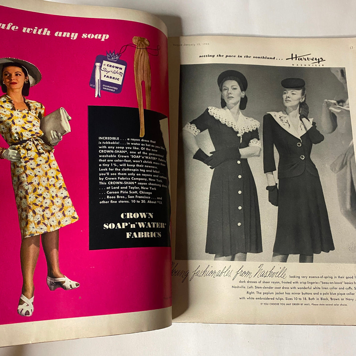 Two-page spread from Vogue Magazine January 15, 1944 Spring Hats Articles Cover by Carl Erickson, showcasing vintage fashion ads for dresses and accessories.